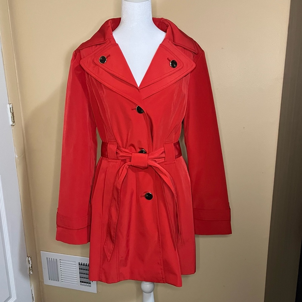 Calvin Klein Bold Red Trench Coat Belted Rain Coat Detachable Hood Size Pet Lg